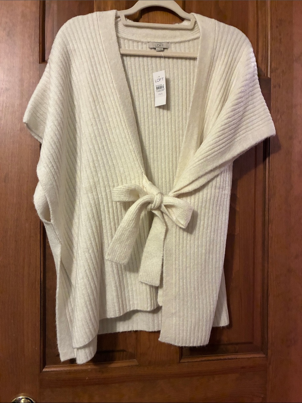 LOFT Ivory or Cream Ribbed Tie-Front Cardigan Sweater - Oversized